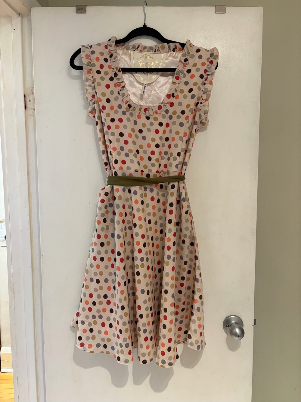 Polka Dot Ruffle Sleeve Dress in Cream